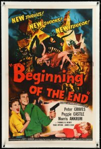 3d0109 BEGINNING OF THE END linen 1sh 1957 Peter Graves & Peggie Castle, giant grasshopper sci-fi!