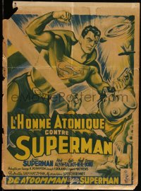 3d1593 ATOM MAN VS SUPERMAN Belgian 1953 art of Kirk Alyn in costume smashing villain, very rare!