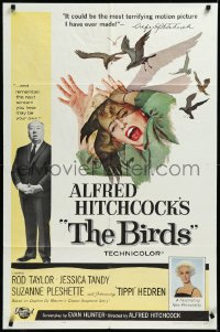 3d0486 BIRDS 1sh 1963 director Alfred Hitchcock shown, Tippi Hedren, classic intense attack art!