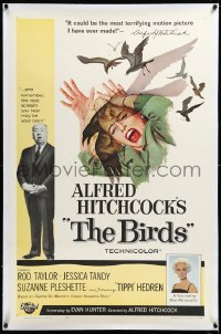 3d0110 BIRDS linen 1sh 1963 director Alfred Hitchcock shown, Tippi Hedren, classic intense attack art!