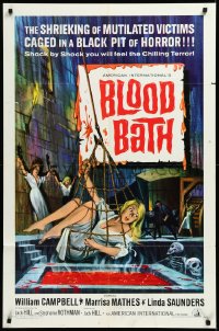 3d0492 BLOOD BATH 1sh 1966 AIP, cool artwork of sexy blonde being lowered into a pit of horror!