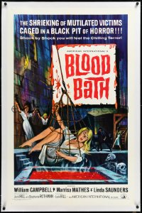 3d0113 BLOOD BATH linen 1sh 1966 AIP, cool artwork of sexy blonde being lowered into a pit of horror!