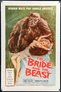 3d0114 BRIDE & THE BEAST linen 1sh 1958 Ed Wood classic, great art of huge ape holding sexy girl!