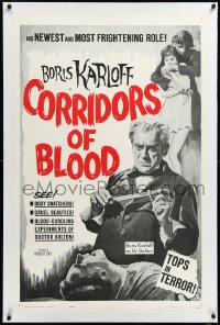 3d0119 CORRIDORS OF BLOOD linen 1sh 1963 Boris Karloff, Christopher Lee, blood-curdling experiments!
