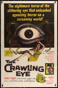 3d0508 CRAWLING EYE 1sh 1958 classic art of the slithering eyeball monster with female victim!