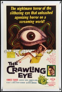 3d0122 CRAWLING EYE linen 1sh 1958 classic art of the slithering eyeball monster with female victim!
