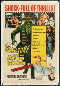 3d0123 CREATURE WITH THE ATOM BRAIN linen 1sh 1955 cool sci-fi art of dead man stalking his prey!