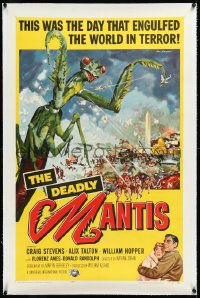 3d0128 DEADLY MANTIS linen 1sh 1957 classic art of giant insect by Washington Monument by Ken Sawyer!