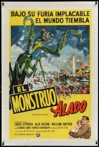 3d0129 DEADLY MANTIS linen Spanish/US 1sh 1957 Ken Sawyer art of giant insect in Washington DC, rare!