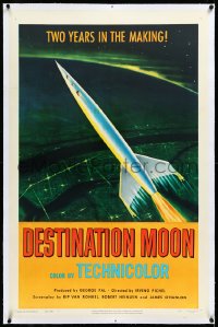 3d0130 DESTINATION MOON linen 1sh 1951 Robert A. Heinlein, cool rocket art, continuous 1st release!