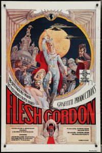 3d0538 FLESH GORDON 1sh 1974 sexy sci-fi spoof, wacky erotic super hero art by George Barr!
