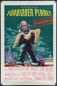 3d0139 FORBIDDEN PLANET linen 1sh 1956 most classic art of Robby the Robot holding sexy Anne Francis!