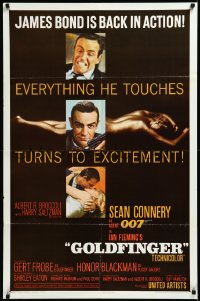 3d0551 GOLDFINGER 1sh 1964 three images of Sean Connery as James Bond 007 with a flat finish!