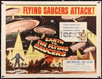 3d0234 EARTH VS. THE FLYING SAUCERS linen style B 1/2sh 1956 sci-fi classic, art of UFOs & aliens!