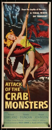 3d1841 ATTACK OF THE CRAB MONSTERS insert 1957 Roger Corman, art of sexy girl grabbed by beast!