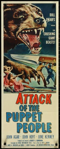 3d1842 ATTACK OF THE PUPPET PEOPLE insert 1958 AIP, art of tiny people w/steak knife attacking dog!