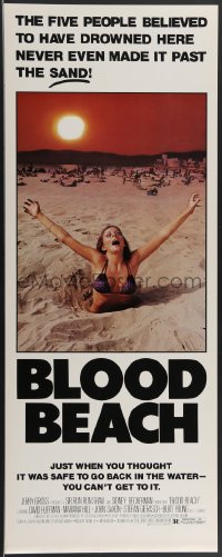 3d1845 BLOOD BEACH insert 1981 Jaws parody tagline, image of sexy girl in bikini sinking in sand!