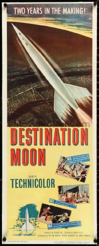3d0244 DESTINATION MOON linen insert 1950 Robert A. Heinlein & Irving Pichel, art of rocket, rare!