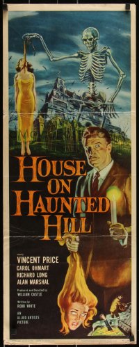 3d1860 HOUSE ON HAUNTED HILL insert 1959 classic art of Vincent Price & skeleton with hanging girl!