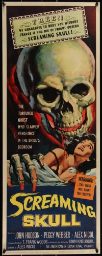3d1884 SCREAMING SKULL insert 1958 fantastic art of huge skull & sexy girl grabbed by skeleton hand!