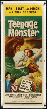 3d0254 TEENAGE MONSTER linen insert 1957 great art of wacky beast attacking sexy Anne Gwynne in bed!