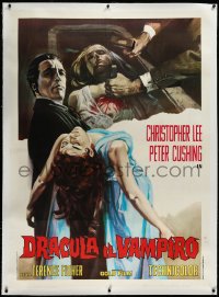 3d0033 HORROR OF DRACULA linen Italian 1p R1970 different art of vampire Christopher Lee holding girl!