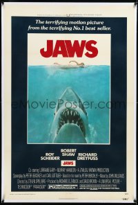 3d0162 JAWS linen 1sh 1975 Roger Kastel art of Spielberg's man-eating shark attacking sexy swimmer!