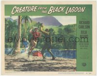 3d0742 CREATURE FROM THE BLACK LAGOON LC #7 1954 Julia Adams watches Gozier attack monster on beach!