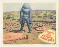 3d0766 EARTH VS. THE FLYING SAUCERS LC 1956 best image of alien robot standing over dead men!