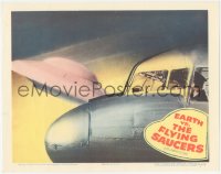 3d0767 EARTH VS. THE FLYING SAUCERS LC 1956 sci-fi classic, close image of UFO flying by airplane!