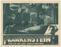 3d0954 FRANKENSTEIN LC R1947 Dwight Frye & others watch Colin Clive holding the monster's hand!