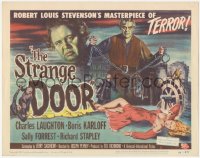 3d0940 STRANGE DOOR TC 1951 art of chained Boris Karloff, Charles Laughton & sexy Sally Forrest!