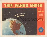 3d0878 THIS ISLAND EARTH LC #5 1955 cool image of alien flying saucer in space hovering over Earth!