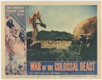 3d0898 WAR OF THE COLOSSAL BEAST LC #2 1958 men behind boulder watch the huge monster pick up a bus!