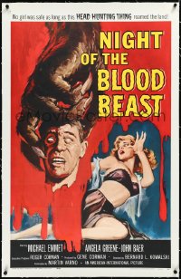 3d0174 NIGHT OF THE BLOOD BEAST linen 1sh 1958 art of sexy girl & monster hand holding severed head!