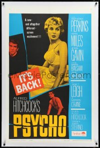 3d0180 PSYCHO linen 1sh R1965 half-dressed Janet Leigh, Anthony Perkins, Alfred Hitchcock classic!