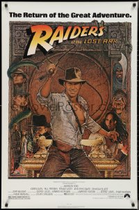 3d1434 RAIDERS OF THE LOST ARK 1sh R1980s great Richard Amsel art of adventurer Harrison Ford!