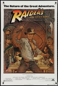 3d1433 RAIDERS OF THE LOST ARK 1sh R1982 great Richard Amsel art of adventurer Harrison Ford!