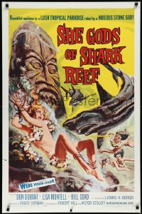 3d0643 SHE GODS OF SHARK REEF 1sh 1958 Roger Corman, censored art of sexy swimmer & sharks!