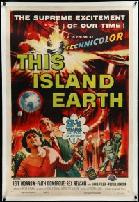 3d0215 THIS ISLAND EARTH linen 1sh 1955 sci-fi classic, wonderful art with mutants by Reynold Brown!