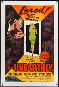 3d0220 UNEARTHLY linen 1sh 1957 John Carradine, sexy Sally Todd is lured to the house of monsters!