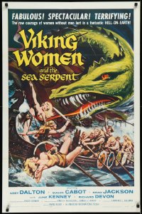 3d0682 VIKING WOMEN & THE SEA SERPENT 1sh 1958 art of sexy female warriors attacked on ship!