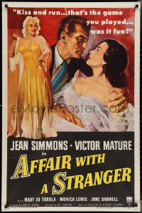 3f0885 AFFAIR WITH A STRANGER 1sh 1953 great art of Jean Simmons, Victor Mature & sexy bad girl!