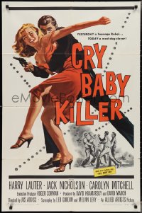 3f0946 CRY BABY KILLER 1sh 1958 cool art of Jack Nicholson w/ girl and gun in his first movie!