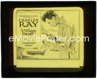 3f1286 VILLAGE SLEUTH glass slide 1920 c/u of Charles Ray examining clue with magnifying glass!