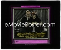 3f1295 WHAT'S YOUR HUSBAND DOING glass slide 1920 great smiling c/u of Douglas MacLean & Doris May!