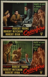 3f0868 CROSSFIRE 2 LCs 1947 great images of Robert Mitchum, Robert Ryan & Robert Young in both!