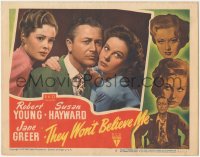 3f0785 THEY WON'T BELIEVE ME LC #3 1947 Robert Young with gun between Susan Hayward & Jane Greer!