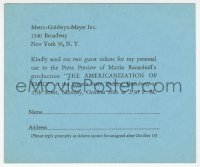 3f1199 AMERICANIZATION OF EMILY 4x5 preview ticket form 1964 requesting guest tickets for a showing!