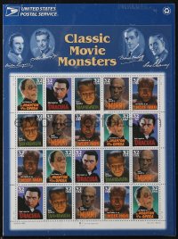 3f1222 CLASSIC MOVIE MONSTERS stamp sheet 1996 Frankenstein, Dracula, Mummy, Wolf Man, 20 stamps!
